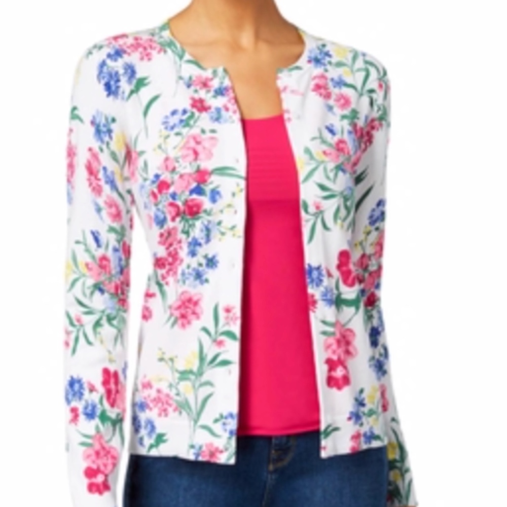 NWT Karen Scott Printed White Floral Cardigan